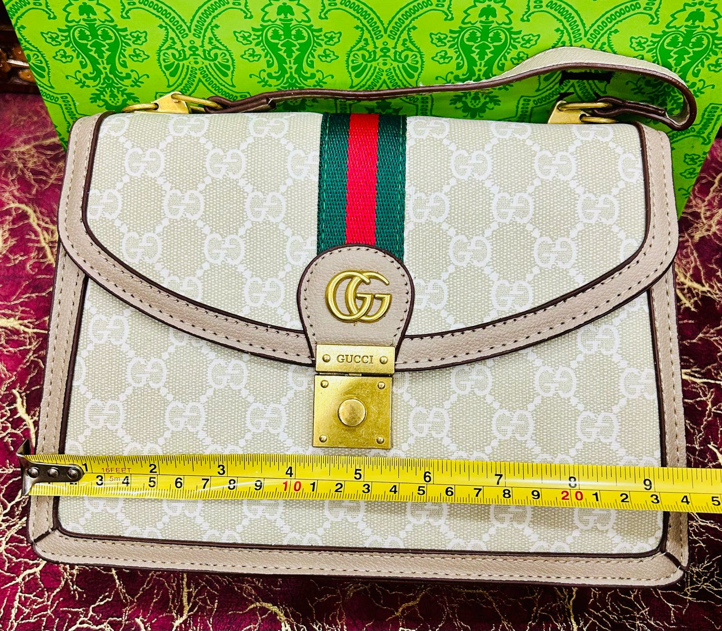 Gucci-Inspired Ophidia Bag with Long Chain and Branded Packing (White/Beige)