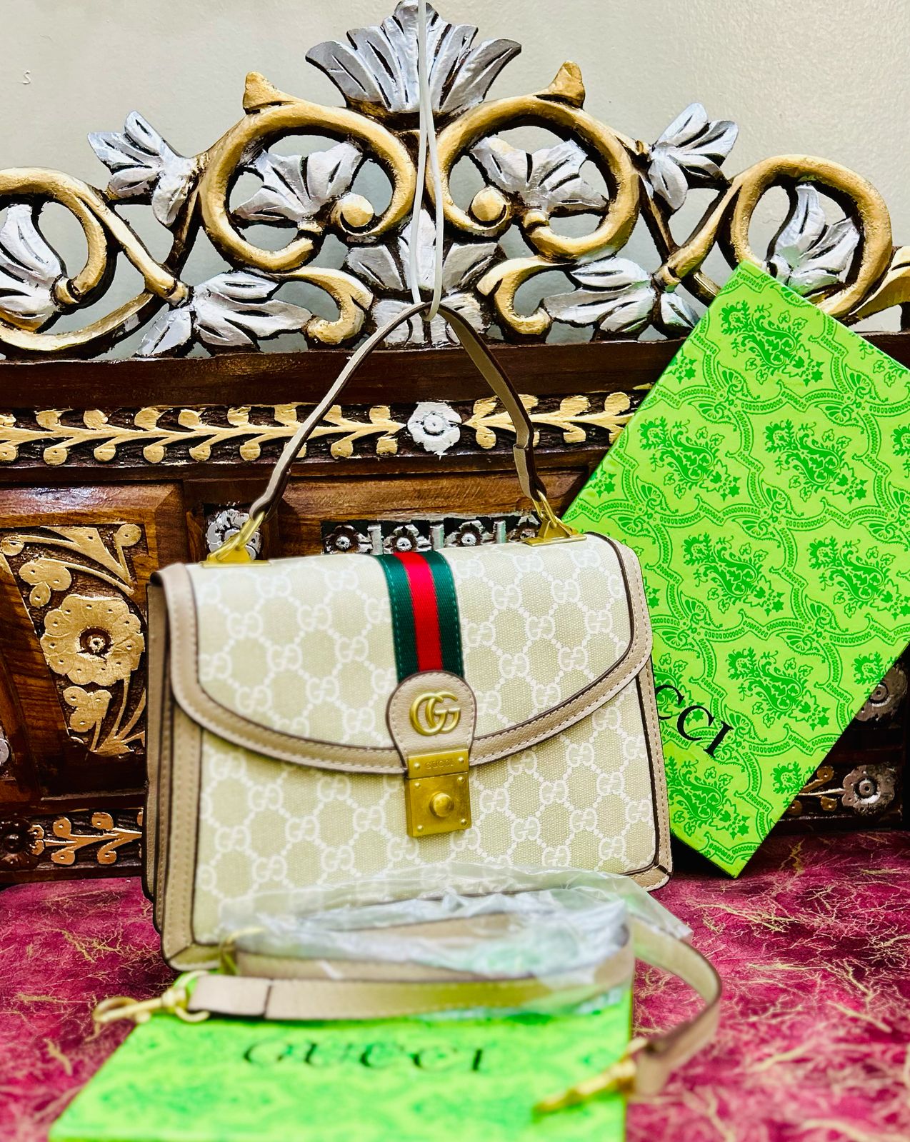 Gucci-Inspired Ophidia Bag with Long Chain and Branded Packing (White/Beige)