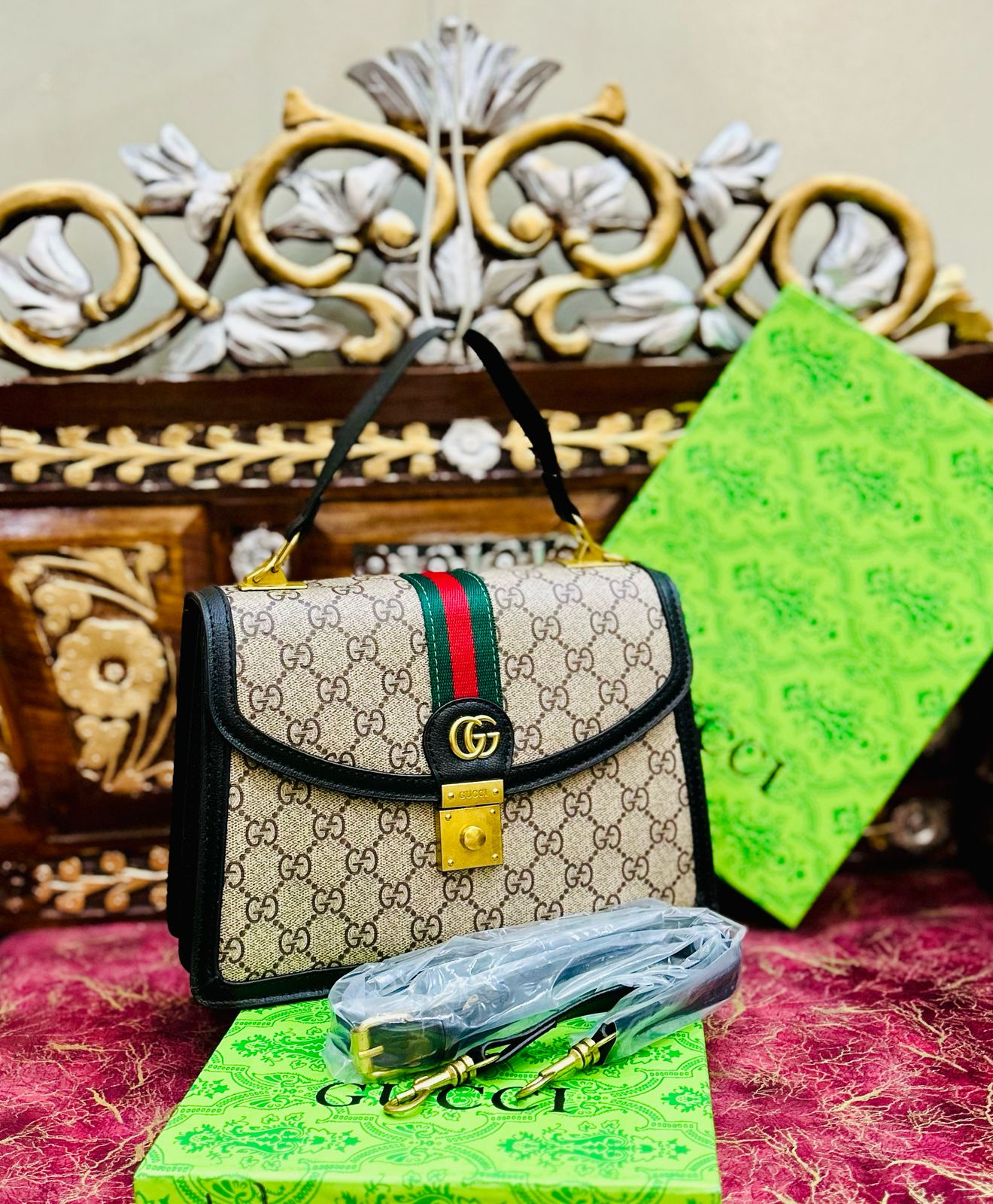 Gucci-Inspired Ophidia Bag with Long Chain and Branded Packing (Black-1)
