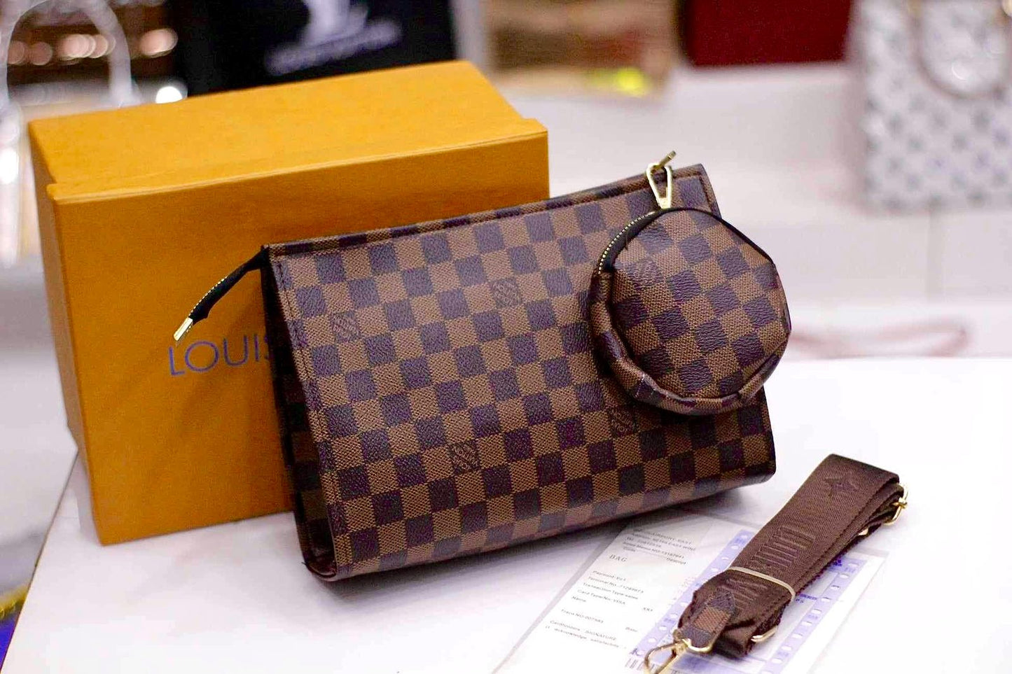 Louis Vuitton Crossbody Women Pouch – 2-Piece Set (Brown Checkbox)