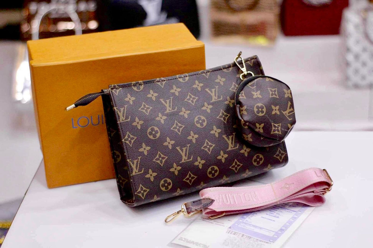 Louis Vuitton Crossbody Women Pouch – 2-Piece Set (Brown/Pink)