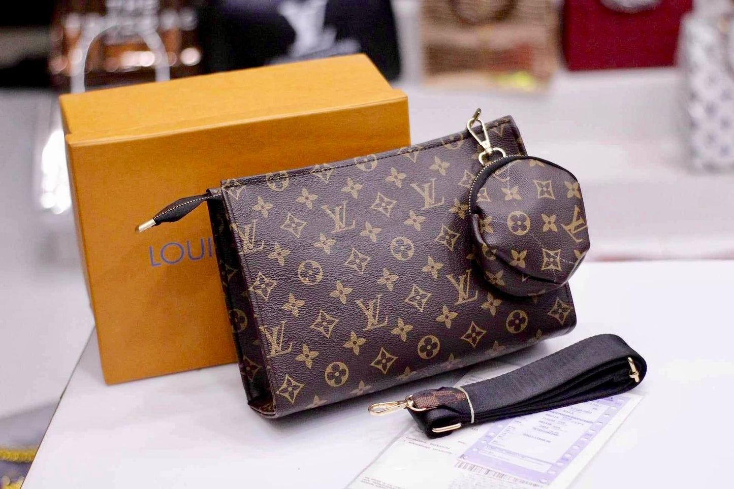 Louis Vuitton Crossbody Women Pouch – 2-Piece Set (Brown/Black)