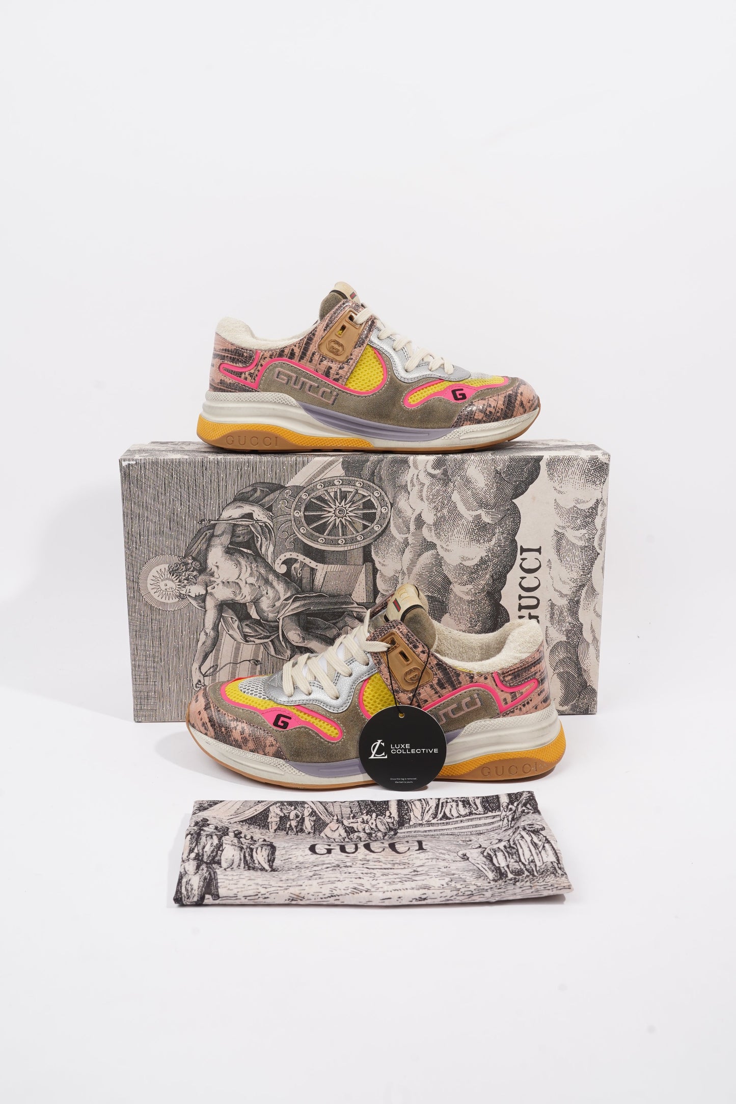 Gucci Ultrapace Sneaker Grey / Yellow / Pink Suede EU 37.5 / UK 4.5