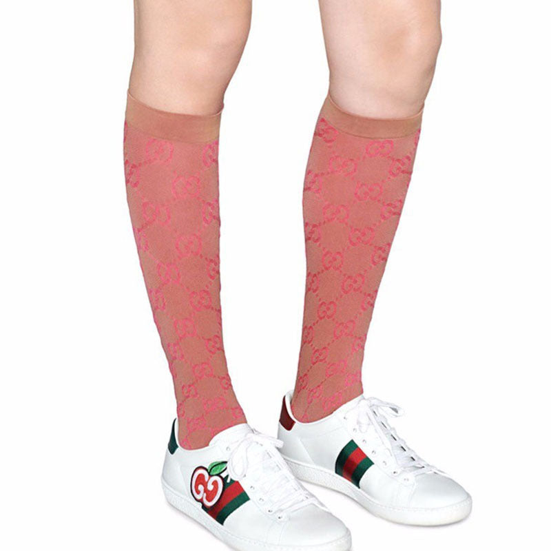 Gucci GG Lit Poppery Knee Socks in Pink and Beige