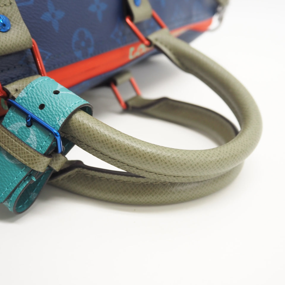 LOUIS VUITTON Boston Duffel bag M43855 leather blue monogram pacific Keepall  bandouliere45