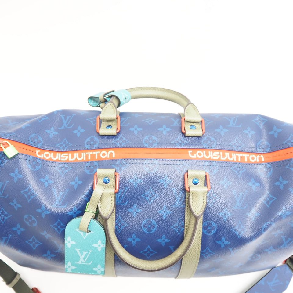 LOUIS VUITTON Boston Duffel bag M43855 leather blue monogram pacific Keepall  bandouliere45