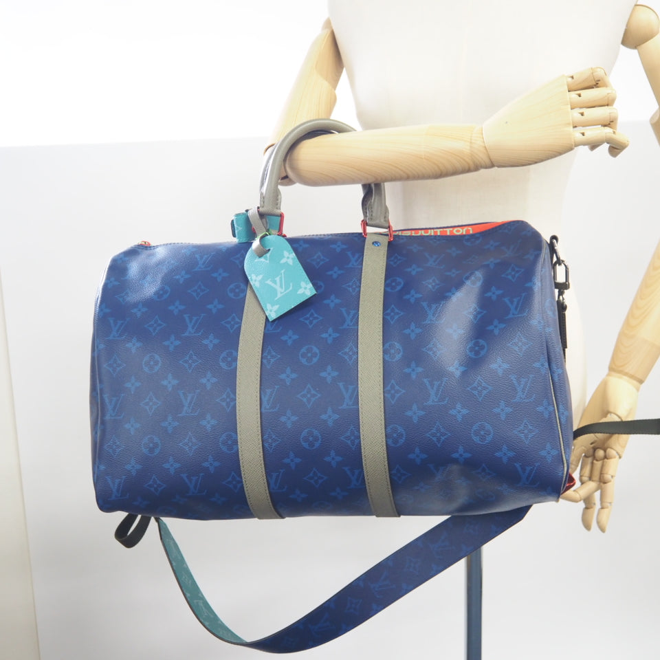 LOUIS VUITTON Boston Duffel bag M43855 leather blue monogram pacific Keepall  bandouliere45