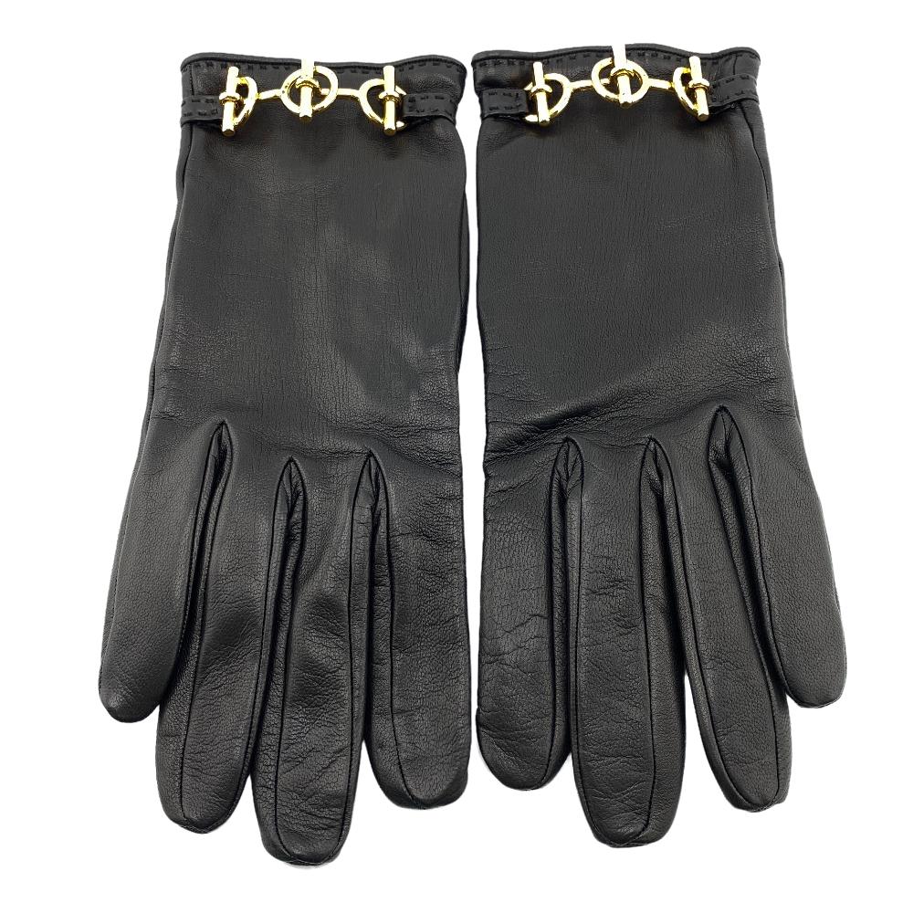 HERMES gloves leather black Chene Dunkle