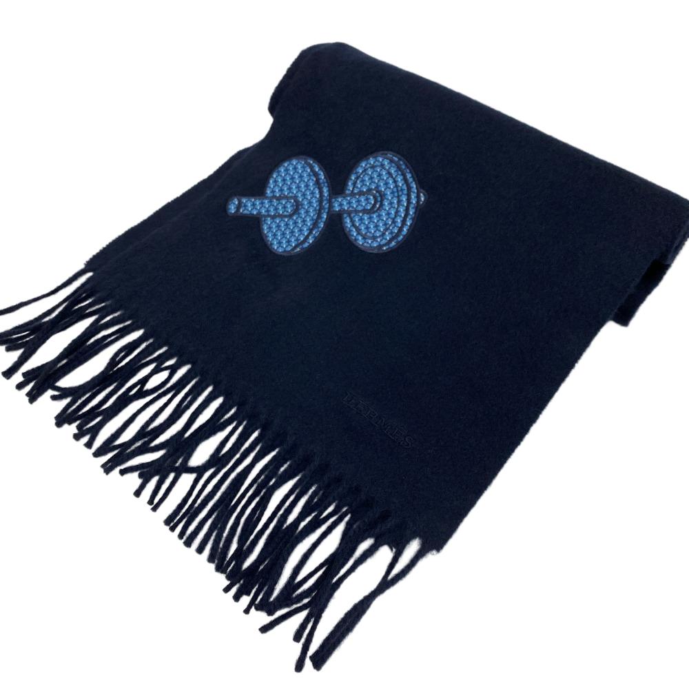 HERMES Scarf Cashmere Pashmina , Silk Dark navy Fringe muffler Dumbbell logo embroidery mens Used