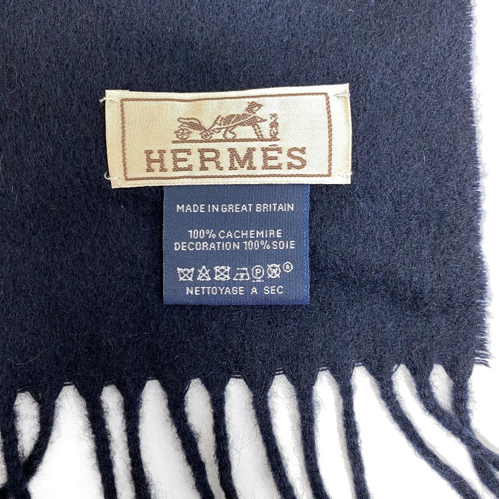 HERMES Scarf Cashmere Pashmina , Silk Dark navy Fringe muffler Dumbbell logo embroidery mens Used