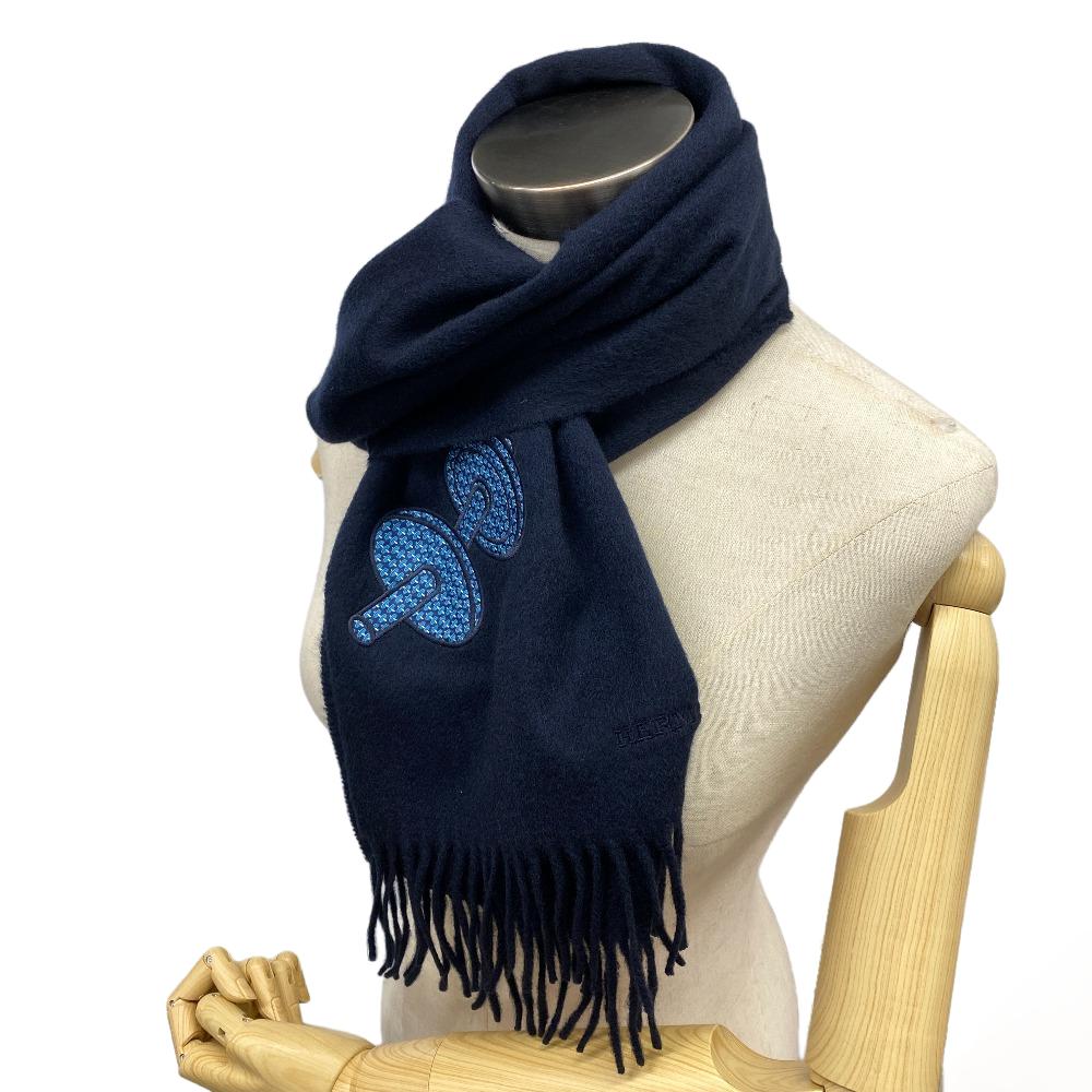 HERMES Scarf Cashmere Pashmina , Silk Dark navy Fringe muffler Dumbbell logo embroidery mens Used