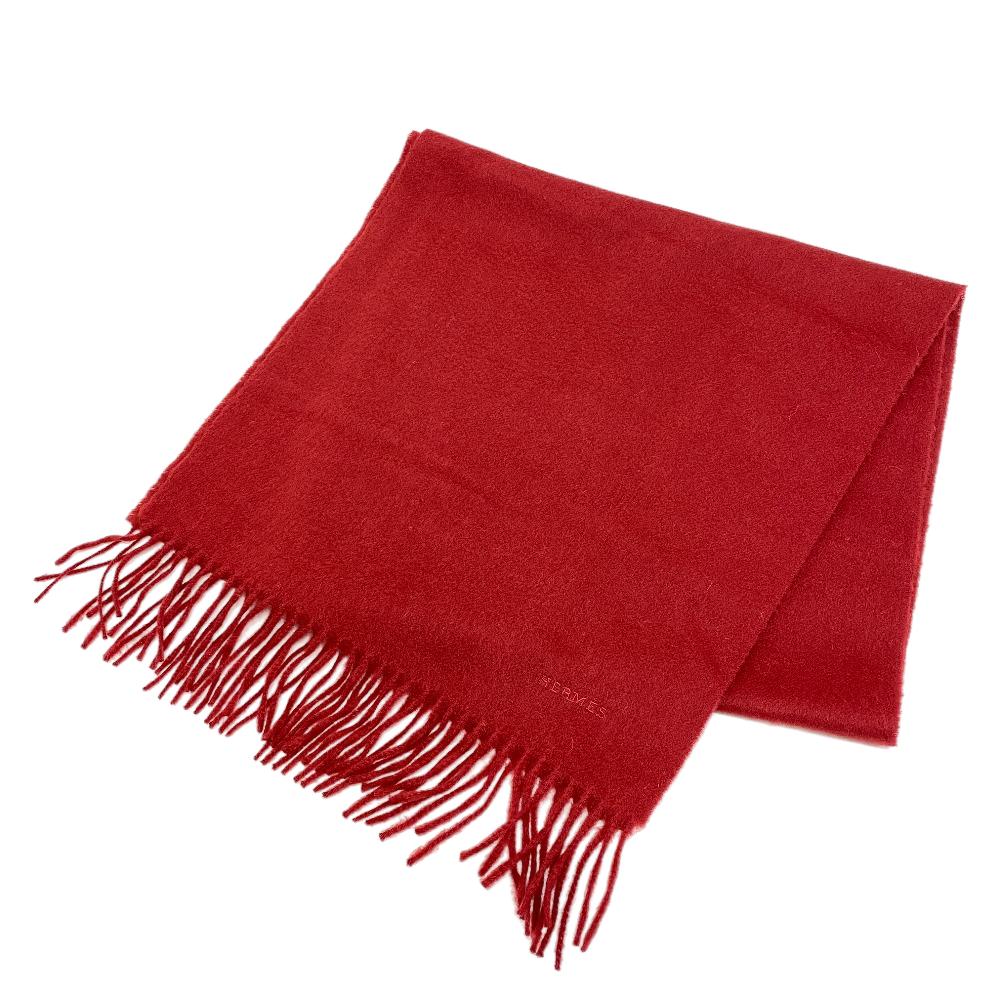 HERMES Scarf cashmere Red fringe Women(Unisex) Used