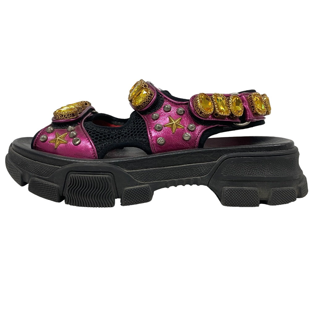 GUCCI Sandals leather black Studs Velcro fabric Flash trek Women Used