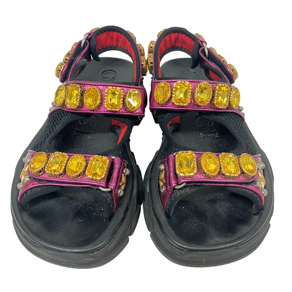 GUCCI Sandals leather black Studs Velcro fabric Flash trek Women Used