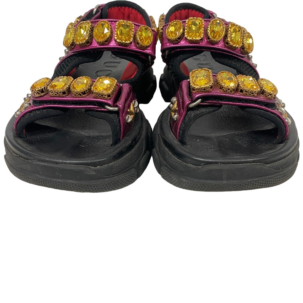 GUCCI Sandals leather black Studs Velcro fabric Flash trek Women Used