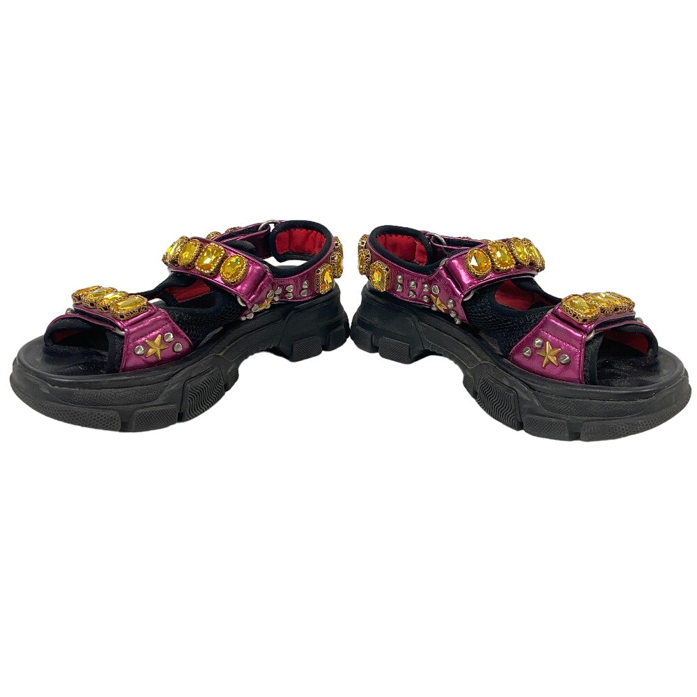 GUCCI Sandals leather black Studs Velcro fabric Flash trek Women Used