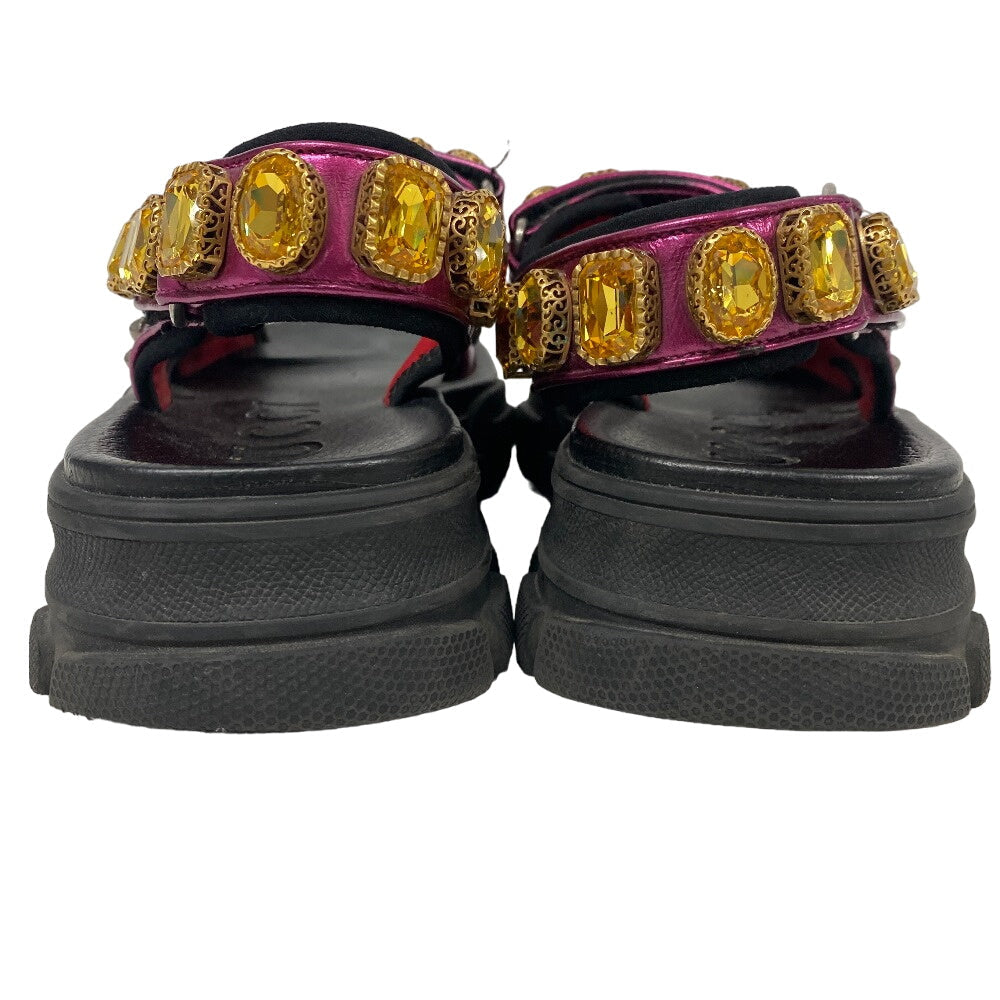 GUCCI Sandals leather black Studs Velcro fabric Flash trek Women Used