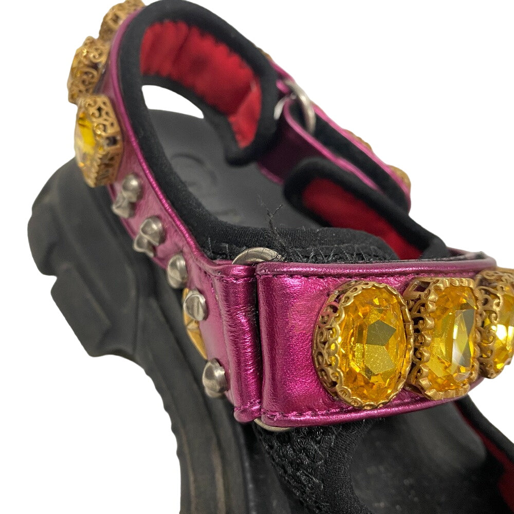 GUCCI Sandals leather black Studs Velcro fabric Flash trek Women Used