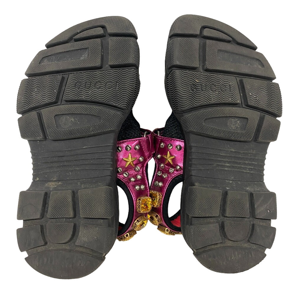GUCCI Sandals leather black Studs Velcro fabric Flash trek Women Used