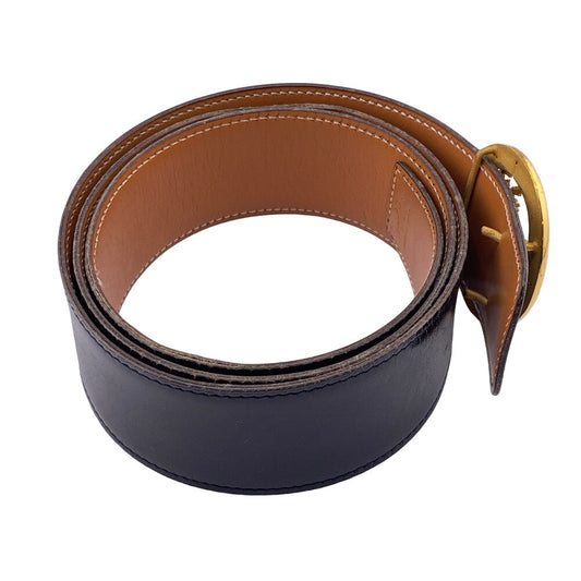 HERMES belt leather black Horse buckle 90
