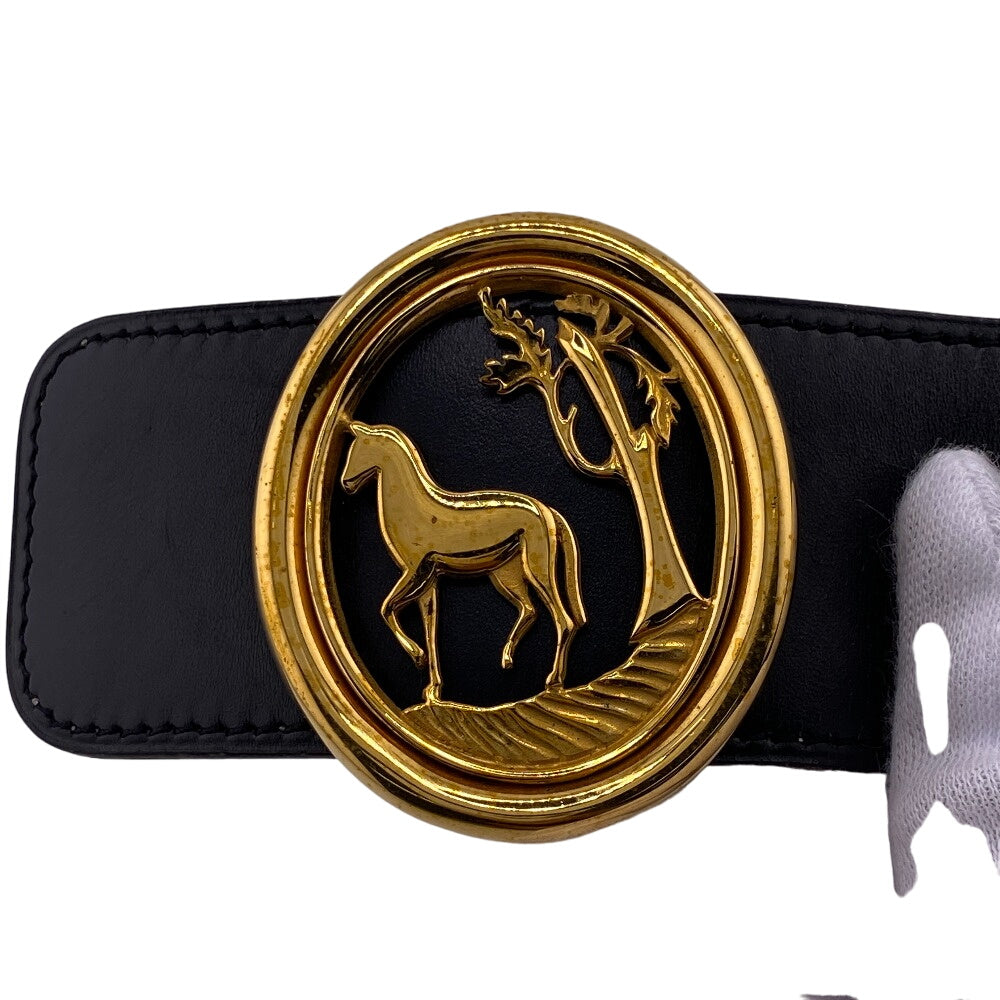 HERMES belt leather black Horse buckle 90