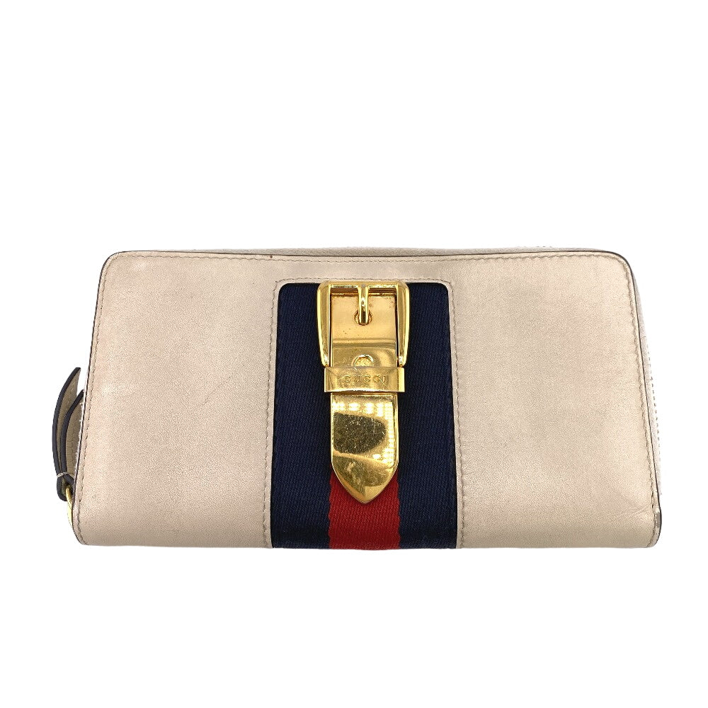 GUCCI Long Wallet Purse leather Ivory Zip Around Sherry line Silvi Women Used