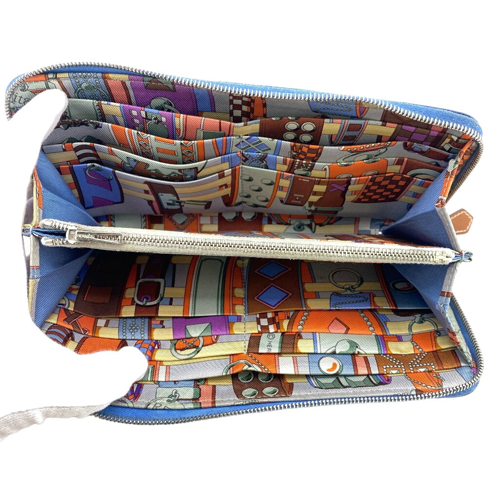 HERMES Long Wallet Purse Leather, Silk blue Azap Long Silk Inn