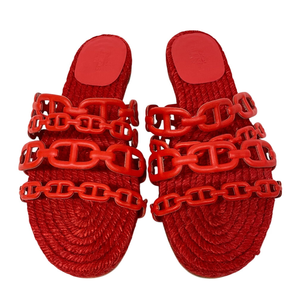 HERMES Sandals leather Red Espadrille Ancone Chene Dunkle 34