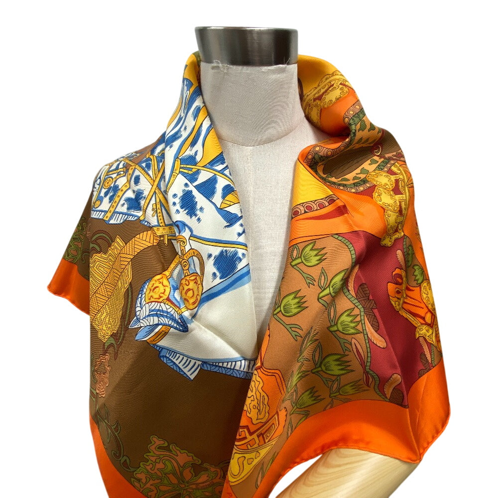 HERMES scarf silk Orange Carre90 art des steppes