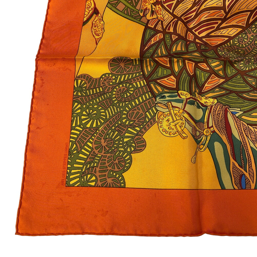 HERMES scarf silk Orange Carre90 art des steppes