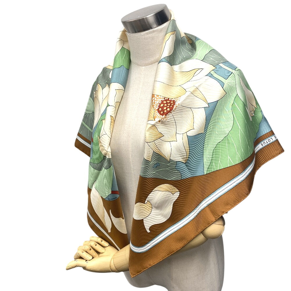HERMES scarf silk Brown Carre90 FLEURS DE LOTUS Lotus flower