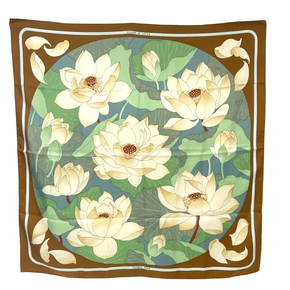 HERMES scarf silk Brown Carre90 FLEURS DE LOTUS Lotus flower