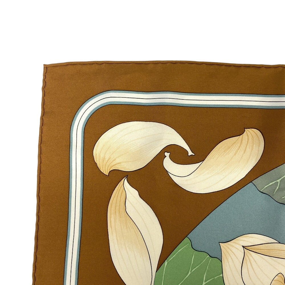 HERMES scarf silk Brown Carre90 FLEURS DE LOTUS Lotus flower