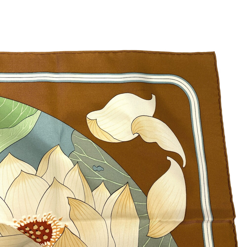 HERMES scarf silk Brown Carre90 FLEURS DE LOTUS Lotus flower