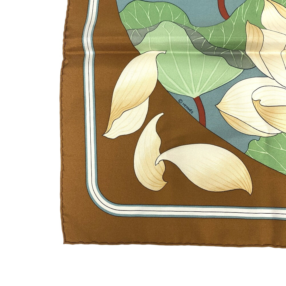 HERMES scarf silk Brown Carre90 FLEURS DE LOTUS Lotus flower