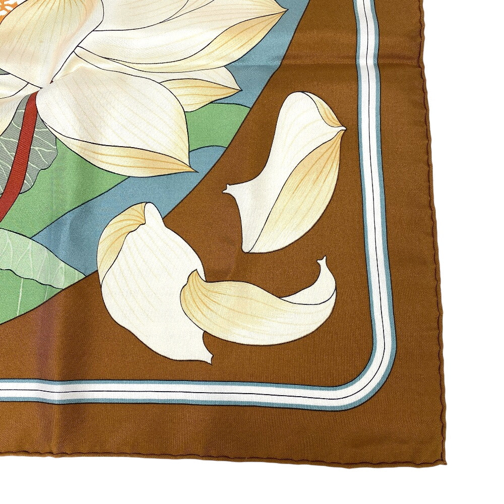 HERMES scarf silk Brown Carre90 FLEURS DE LOTUS Lotus flower