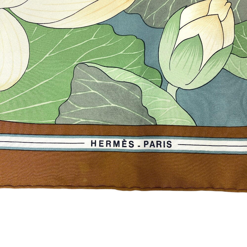HERMES scarf silk Brown Carre90 FLEURS DE LOTUS Lotus flower