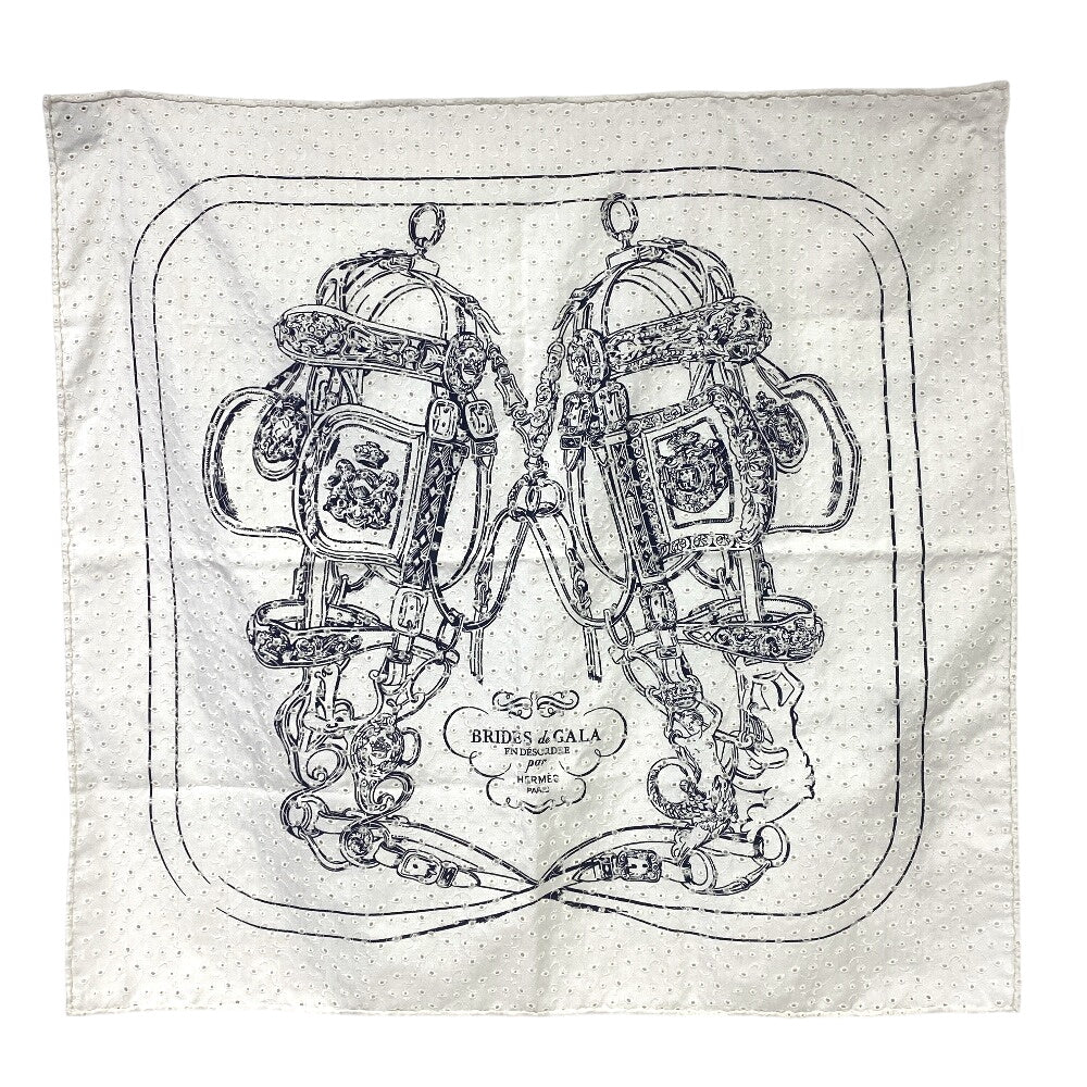 HERMES scarf silk white Carre70 BRIDES de GALA Ceremonial bridle Broderie Anglaise