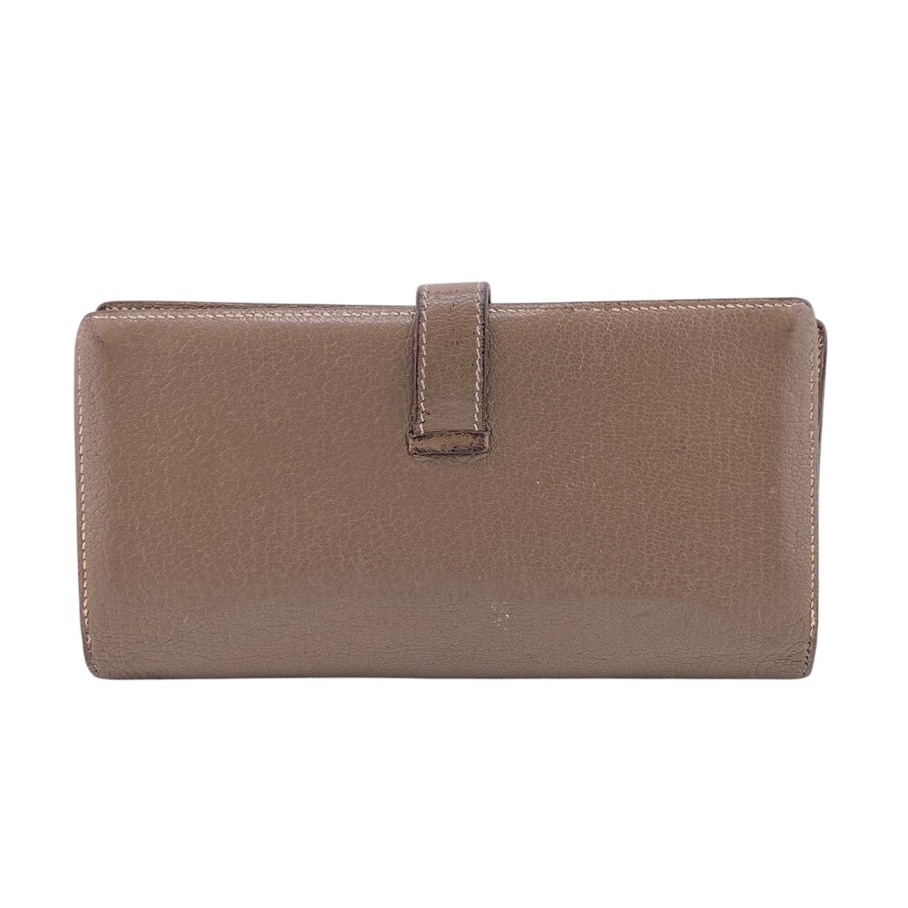 HERMES Bifold Wallet Chevre Mysore, Leather beige Hermes Bearn Soufflet Chevre Mysore Wallet Etoupe Gold Metal □O:2011