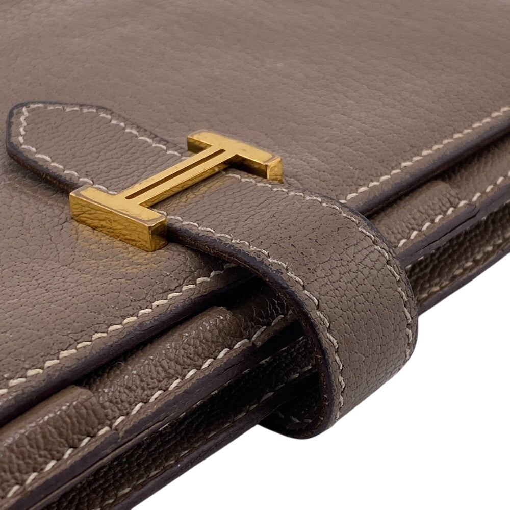HERMES Bifold Wallet Chevre Mysore, Leather beige Hermes Bearn Soufflet Chevre Mysore Wallet Etoupe Gold Metal □O:2011