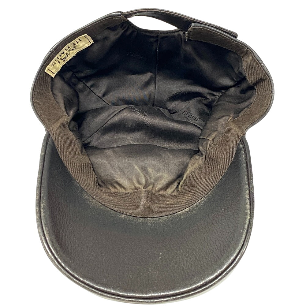 HERMES cap Calfskin Brown Logo embroidery mens Used