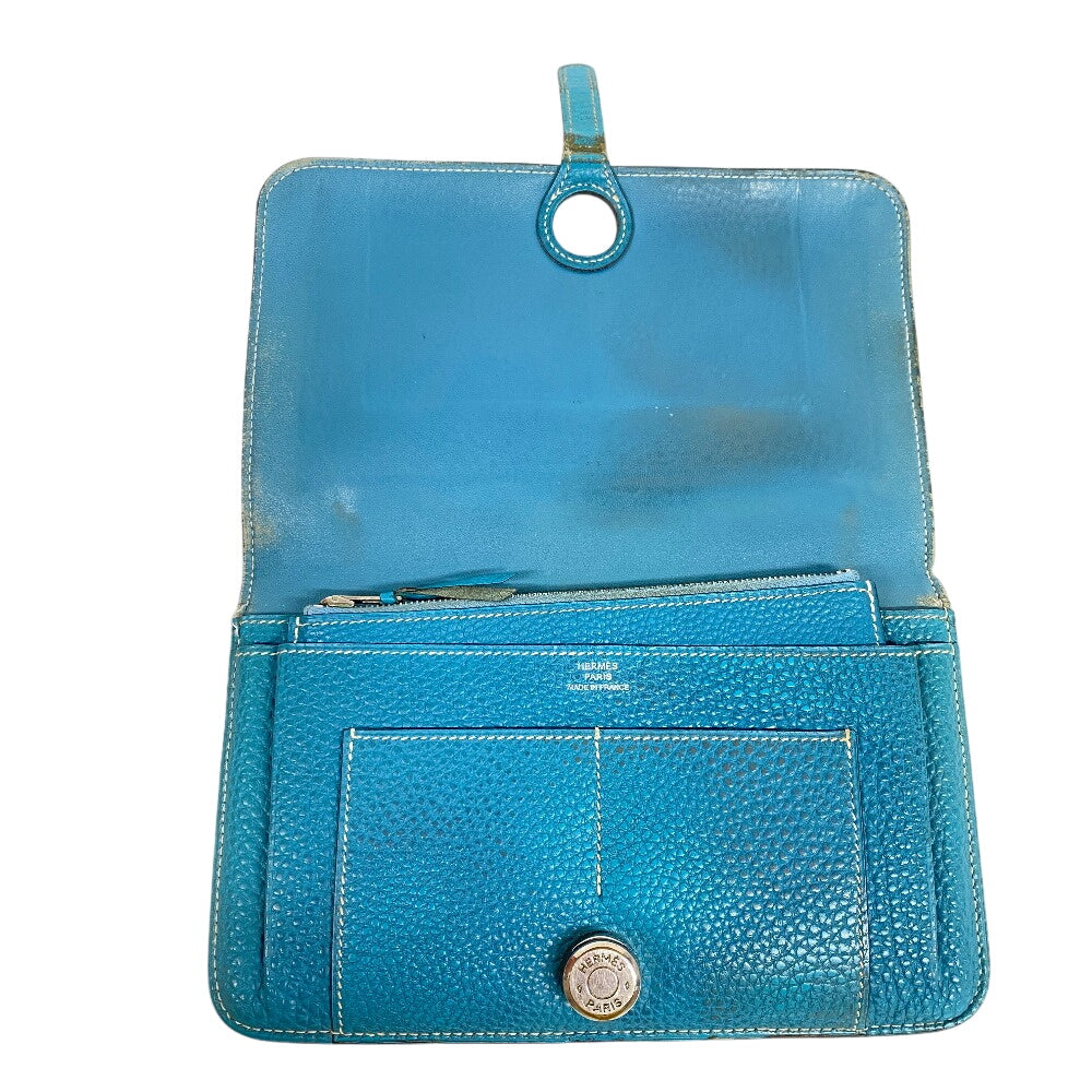 HERMES Long Wallet Purse leather Blue gene Dogon GM Women(Unisex) Used