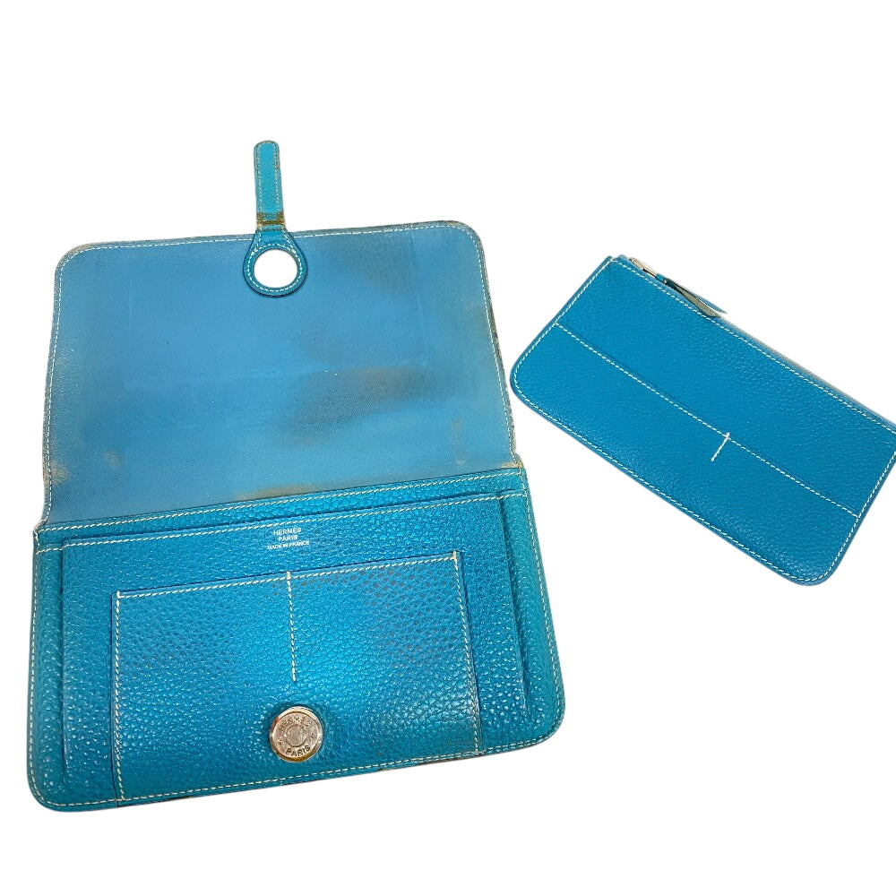 HERMES Long Wallet Purse leather Blue gene Dogon GM Women(Unisex) Used