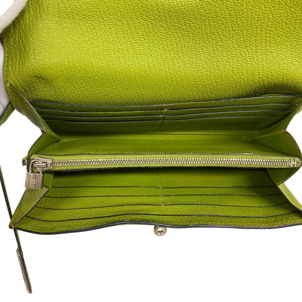 HERMES Long Wallet Purse leather Chevre Anise Green Turn lock Kelly wallet Women Used