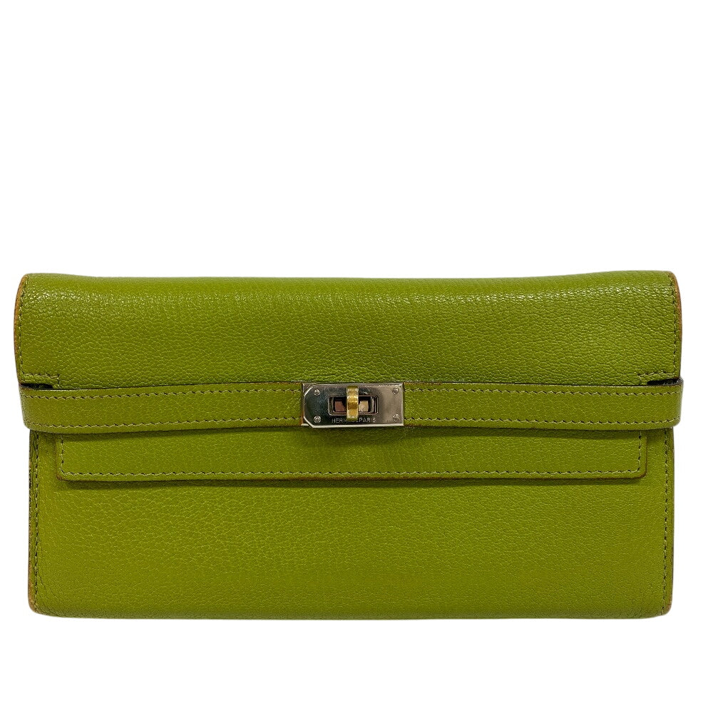HERMES Long Wallet Purse leather Chevre Anise Green Turn lock Kelly wallet Women Used