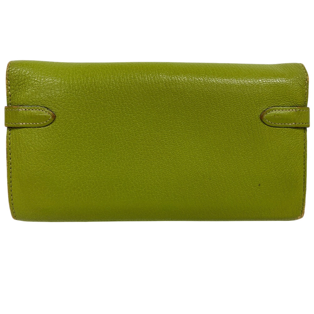HERMES Long Wallet Purse leather Chevre Anise Green Turn lock Kelly wallet Women Used