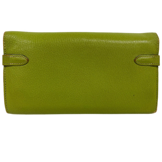HERMES Long Wallet Purse leather Chevre Anise Green Turn lock Kelly wallet Women Used