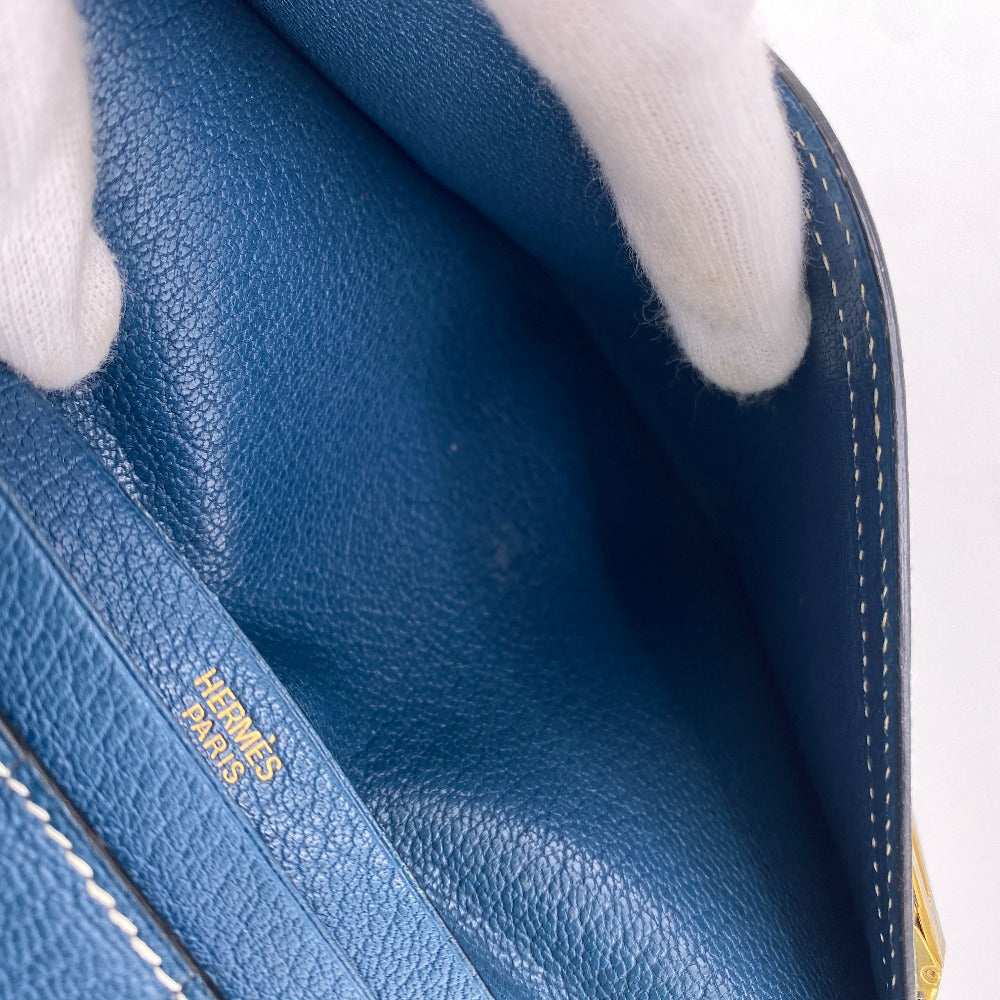 HERMES Long Wallet Purse leather blue Trifold Bearn Dupri(Unisex) Used
