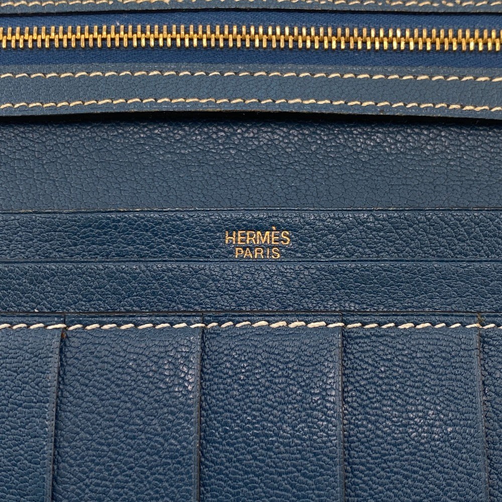 HERMES Long Wallet Purse leather blue Trifold Bearn Dupri(Unisex) Used