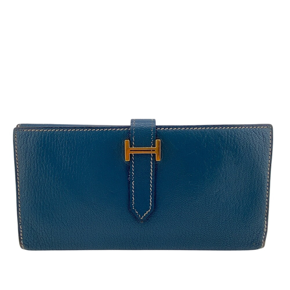 HERMES Long Wallet Purse leather blue Trifold Bearn Dupri(Unisex) Used